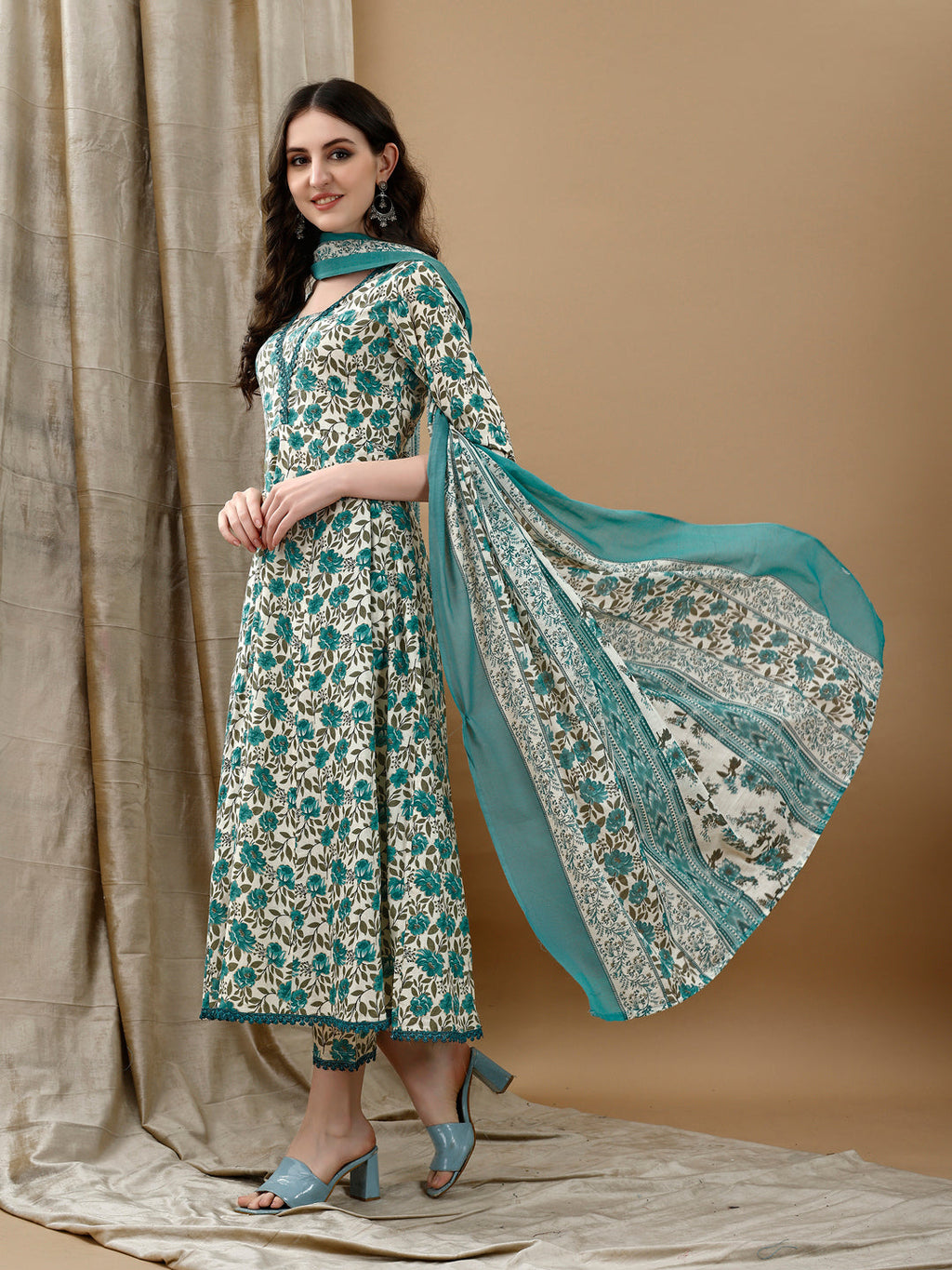 Floral Printed Anarkali Kurta With Pant & Dupatta Luxury Premium, Multicolor - Hiral Fashion