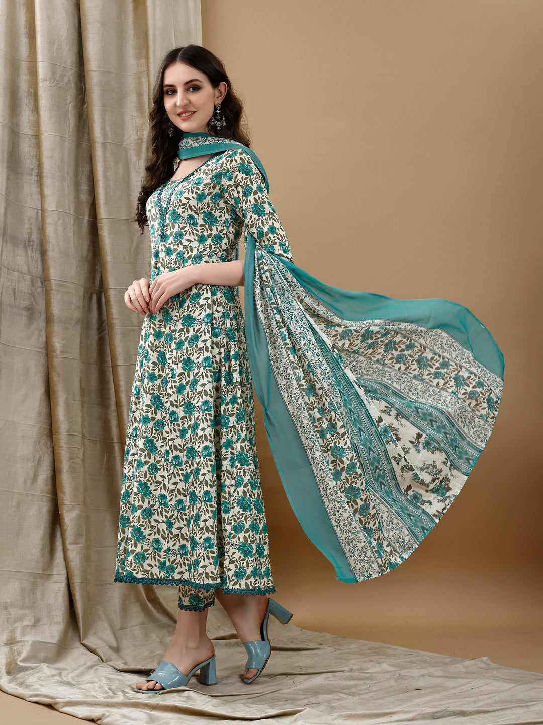 Floral Printed Anarkali Kurta With Pant & Dupatta Luxury Premium, Multicolor - Hiral Fashion