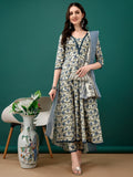 Floral Printed Anarkali Kurta With Pant & Dupatta Luxury Premium, Navy Blue - Hiral Fashion - Distacart