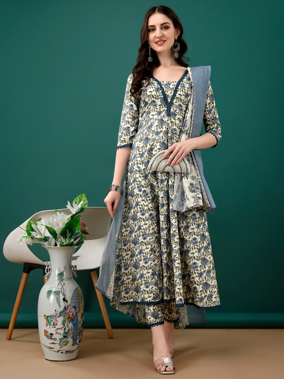 Floral Printed Anarkali Kurta With Pant & Dupatta Luxury Premium, Navy Blue - Hiral Fashion - Distacart