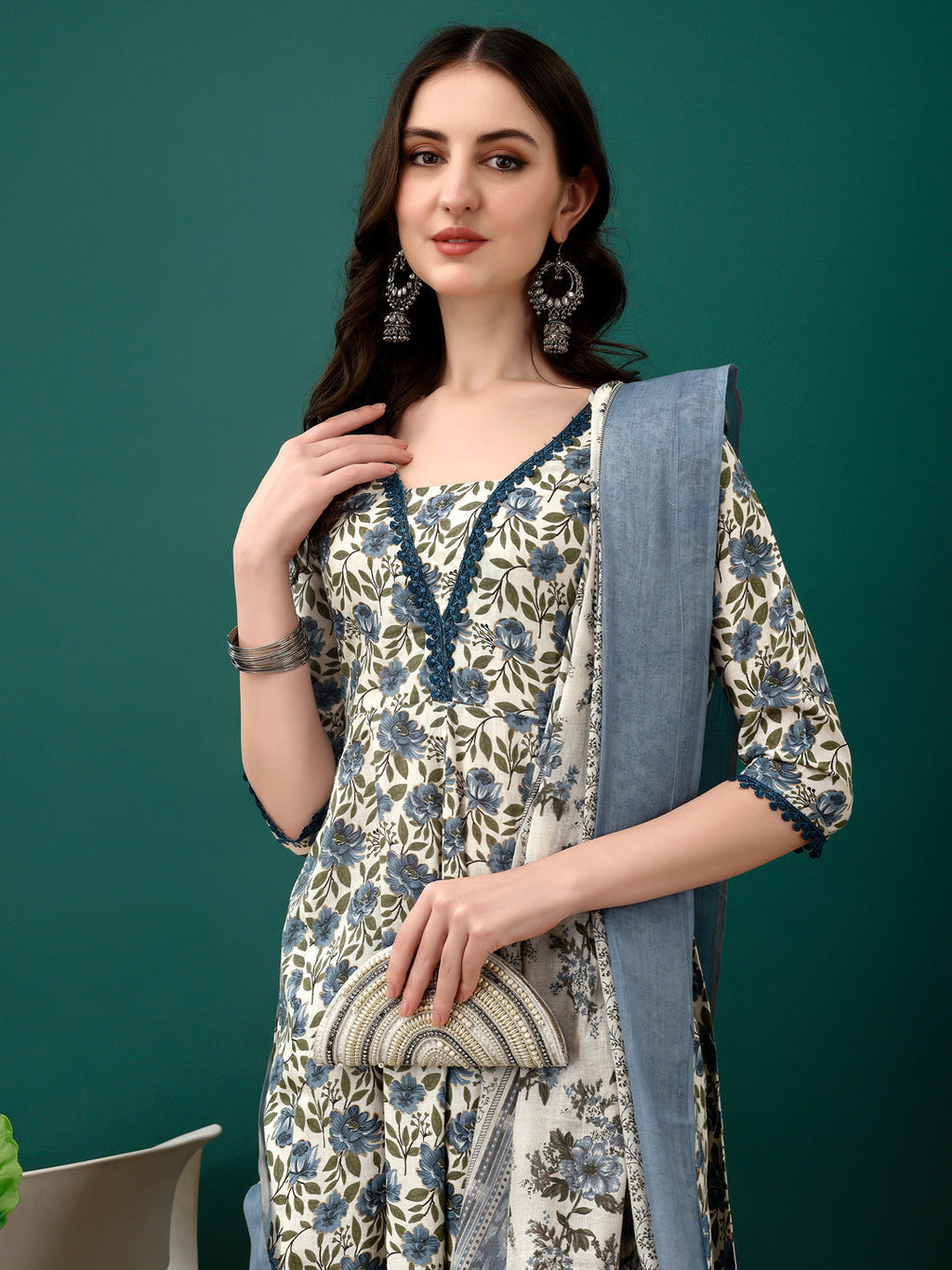 Floral Printed Anarkali Kurta With Pant & Dupatta Luxury Premium, Navy Blue - Hiral Fashion - Distacart