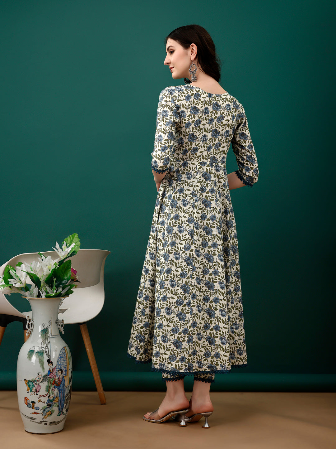 Floral Printed Anarkali Kurta With Pant & Dupatta Luxury Premium, Navy Blue - Hiral Fashion - Distacart