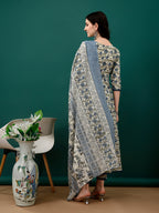 Floral Printed Anarkali Kurta With Pant & Dupatta Luxury Premium, Navy Blue - Hiral Fashion - Distacart
