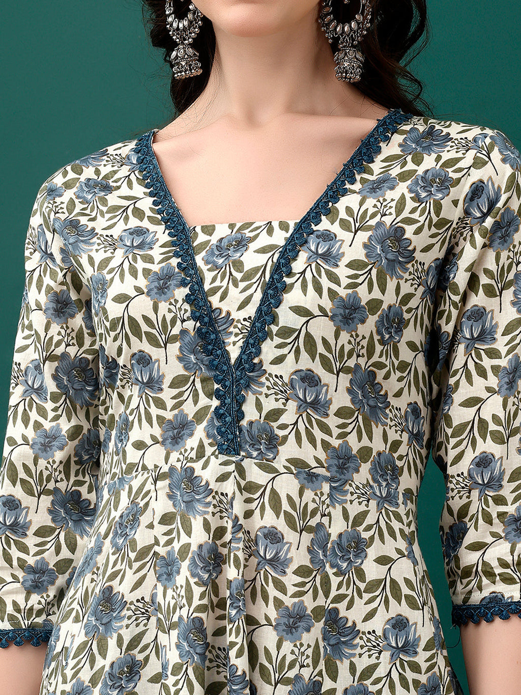 Floral Printed Anarkali Kurta With Pant & Dupatta Luxury Premium, Navy Blue - Hiral Fashion - Distacart
