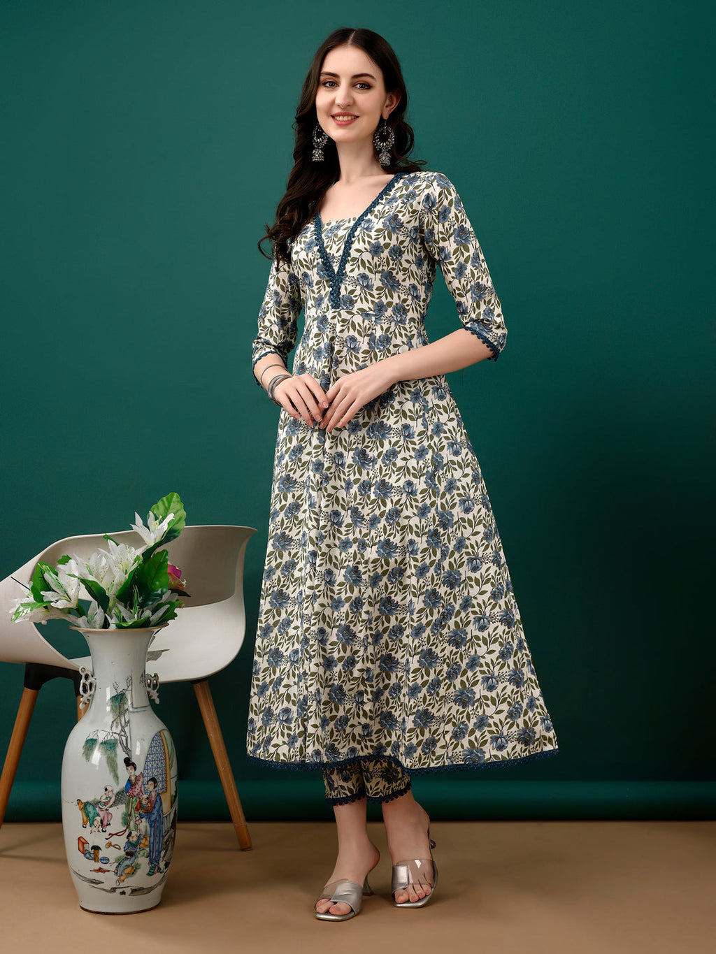 Floral Printed Anarkali Kurta With Pant & Dupatta Luxury Premium, Navy Blue - Hiral Fashion - Distacart