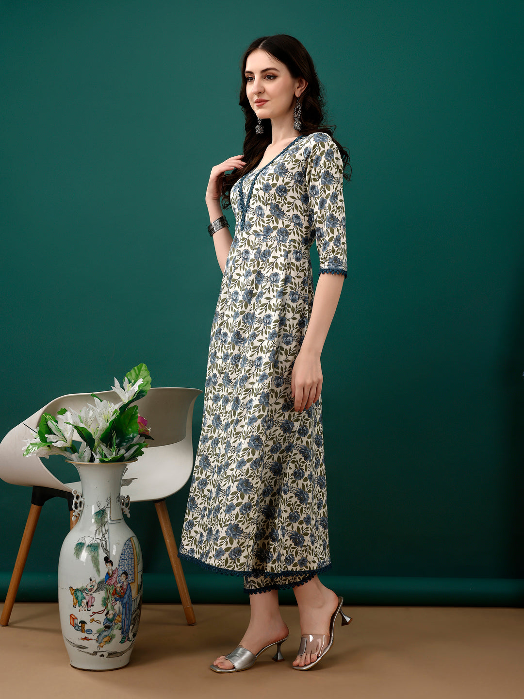 Floral Printed Anarkali Kurta With Pant & Dupatta Luxury Premium, Navy Blue - Hiral Fashion - Distacart