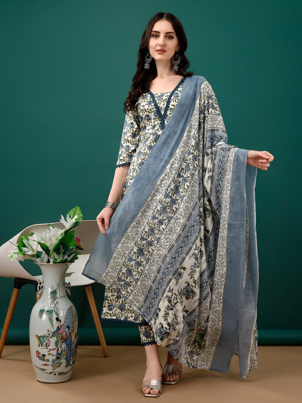 Floral Printed Anarkali Kurta With Pant & Dupatta Luxury Premium, Navy Blue - Hiral Fashion - Distacart