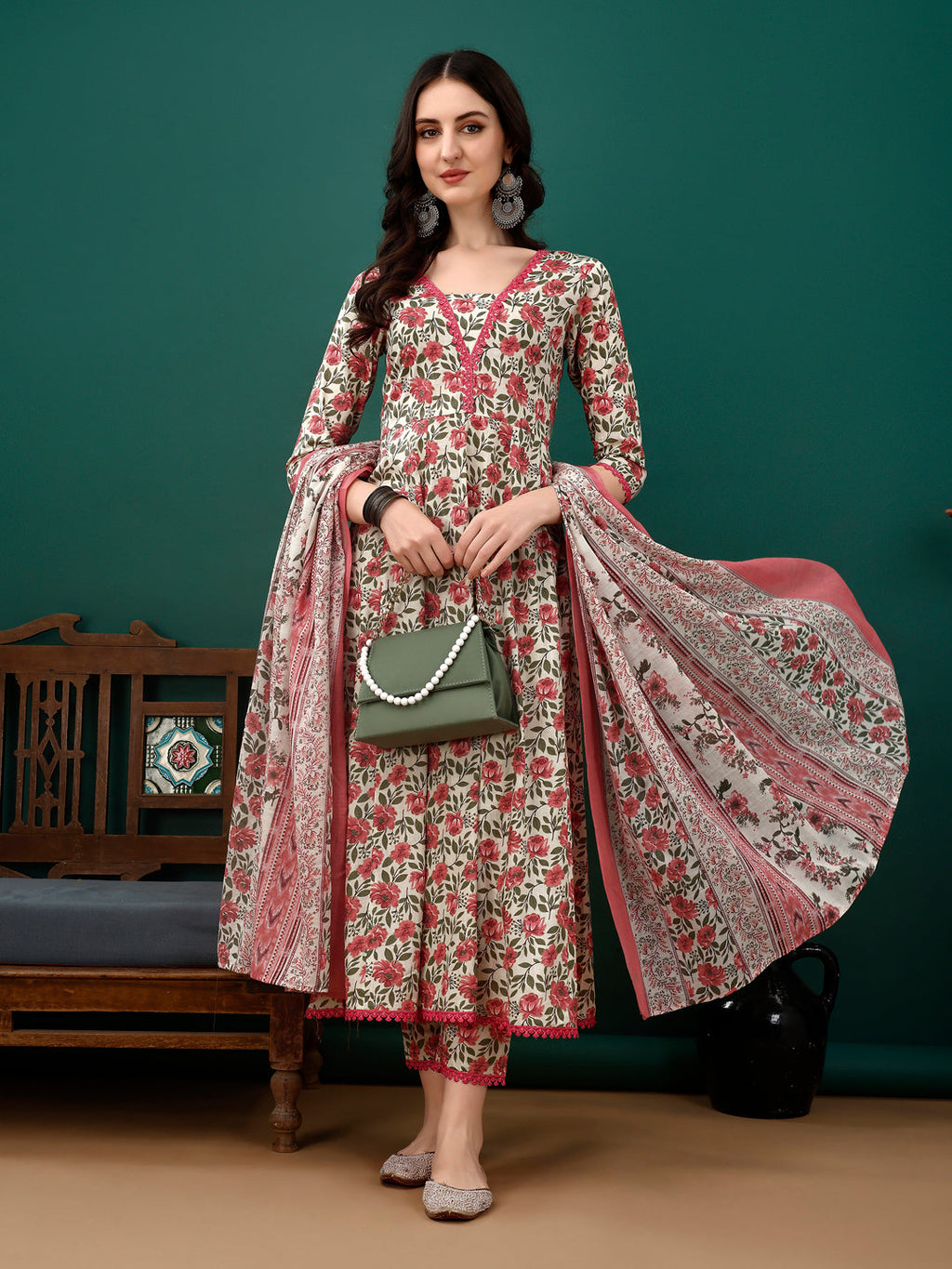 Floral Printed Anarkali Kurta With Pant & Dupatta Luxury Premium, Pink - Hiral Fashion - Distacart