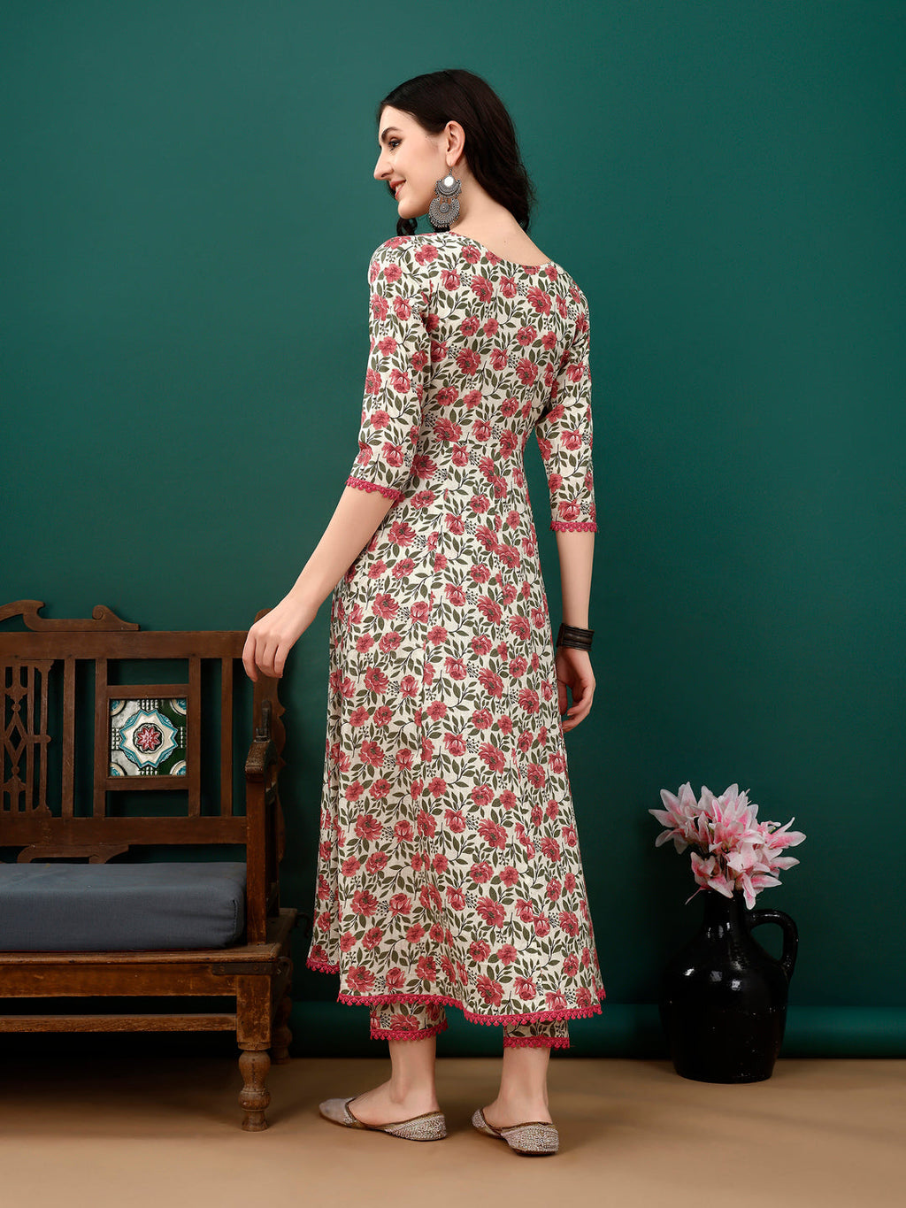 Floral Printed Anarkali Kurta With Pant & Dupatta Luxury Premium, Pink - Hiral Fashion - Distacart