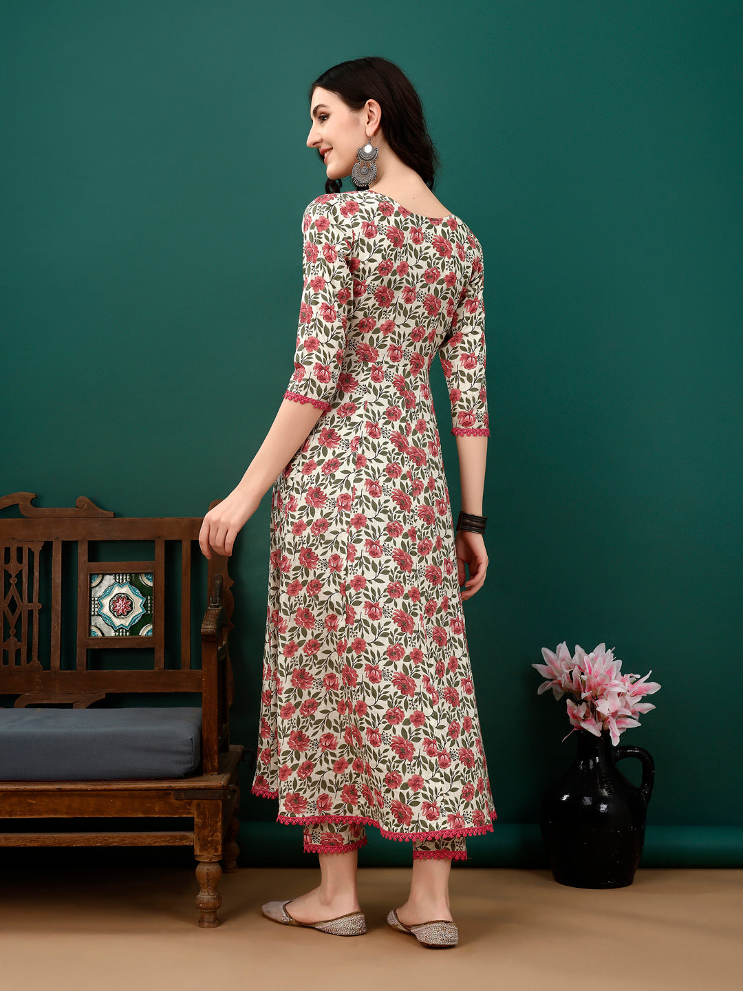 Floral Printed Anarkali Kurta With Pant & Dupatta Luxury Premium, Pink - Hiral Fashion - Distacart