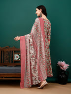 Floral Printed Anarkali Kurta With Pant & Dupatta Luxury Premium, Pink - Hiral Fashion - Distacart