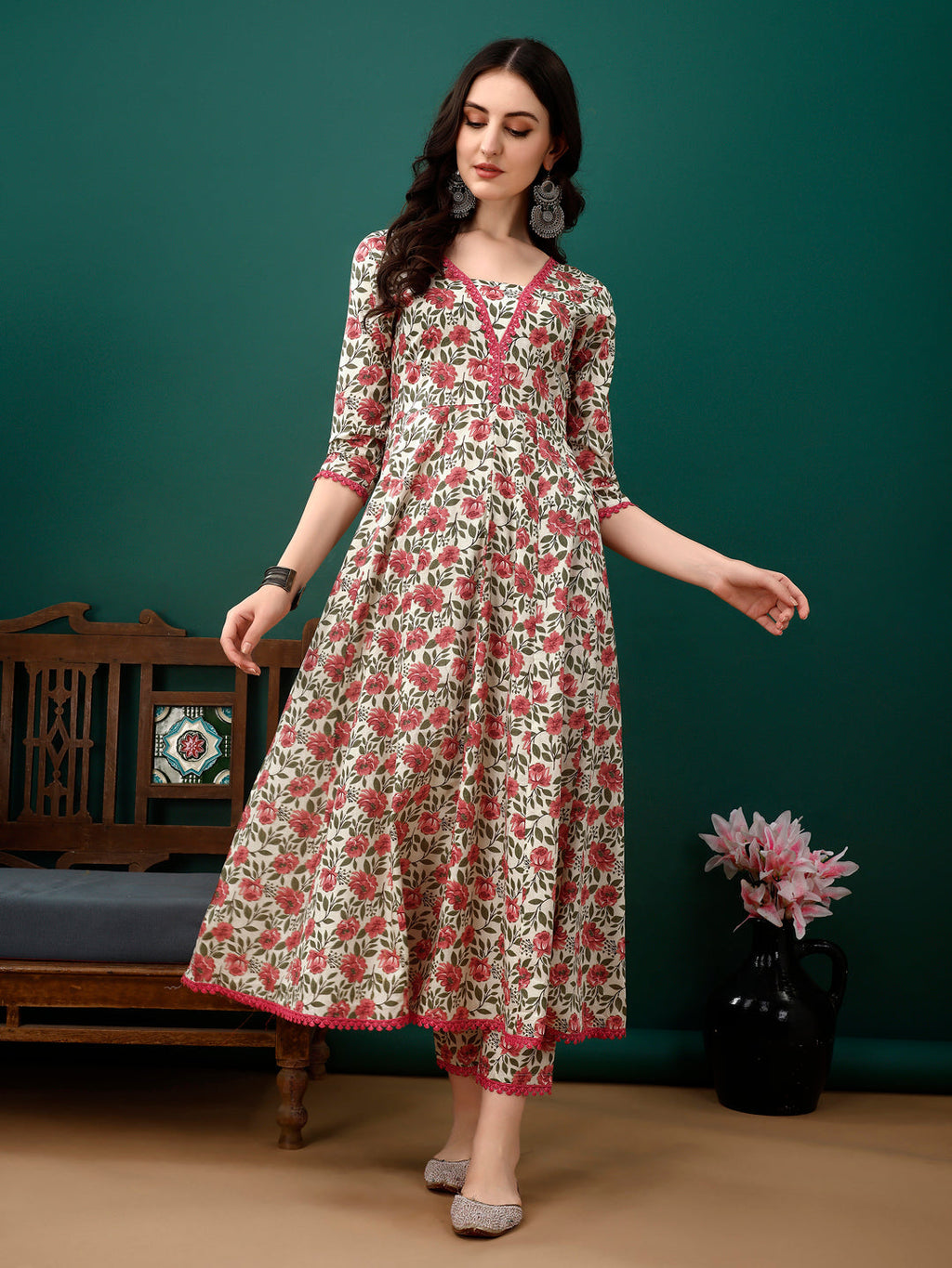 Floral Printed Anarkali Kurta With Pant & Dupatta Luxury Premium, Pink - Hiral Fashion - Distacart