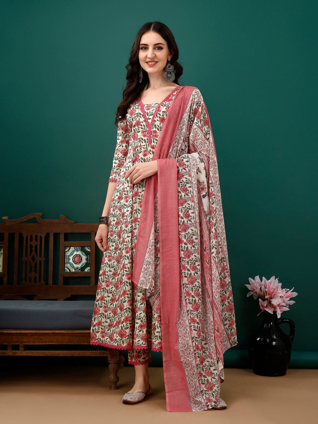 Floral Printed Anarkali Kurta With Pant & Dupatta Luxury Premium, Pink - Hiral Fashion - Distacart