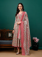 Floral Printed Anarkali Kurta With Pant & Dupatta Luxury Premium, Pink - Hiral Fashion - Distacart