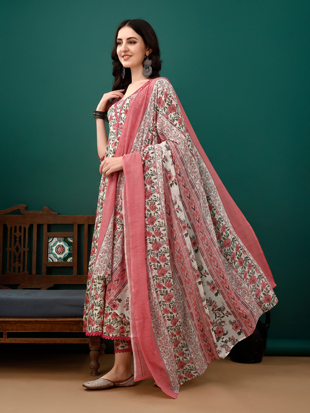 Floral Printed Anarkali Kurta With Pant & Dupatta Luxury Premium, Pink - Hiral Fashion - Distacart