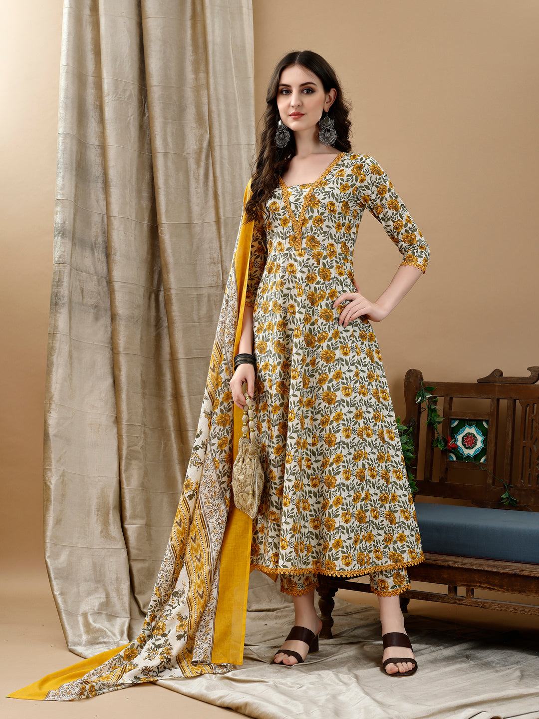 Floral Printed Anarkali Kurta With Pant & Dupatta Luxury Premium, Multicolor - Hiral Fashion - Distacart