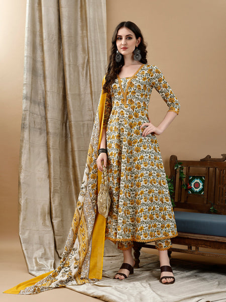 Floral Printed Anarkali Kurta With Pant & Dupatta Luxury Premium, Multicolor - Hiral Fashion