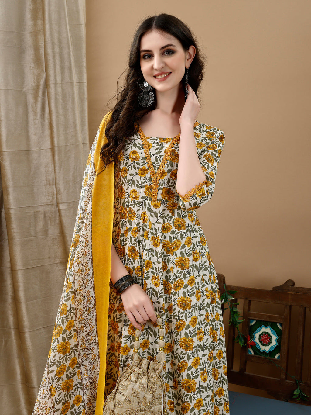 Floral Printed Anarkali Kurta With Pant & Dupatta Luxury Premium, Multicolor - Hiral Fashion - Distacart