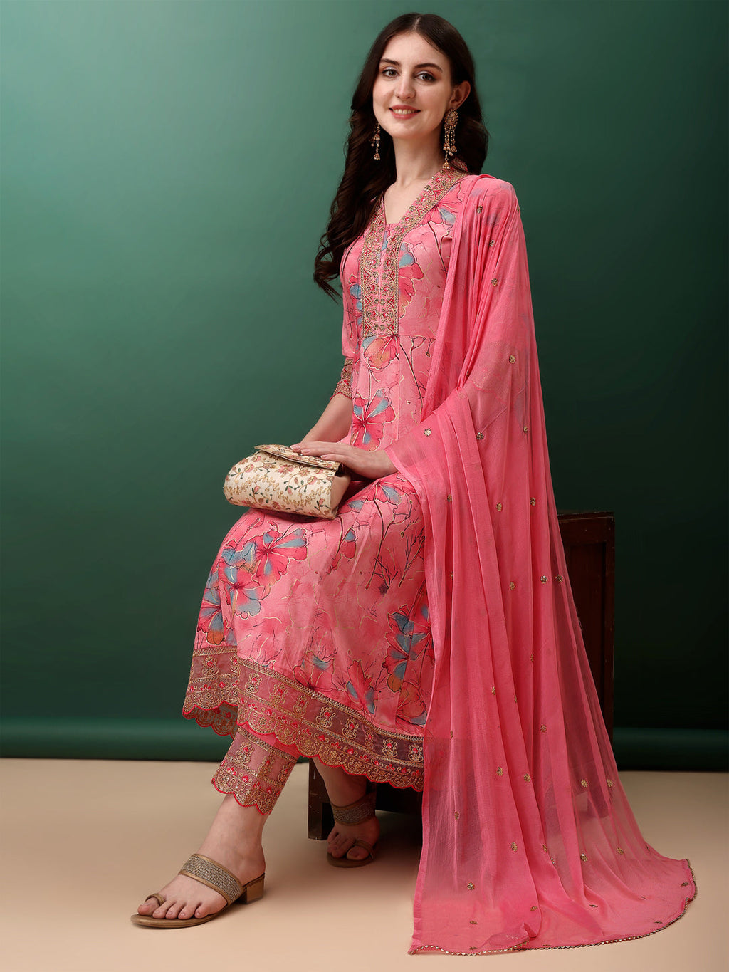 Embroidered & Floral Printed Flared Kurta With Pant & Dupatta, Pink - Hiral Fashion