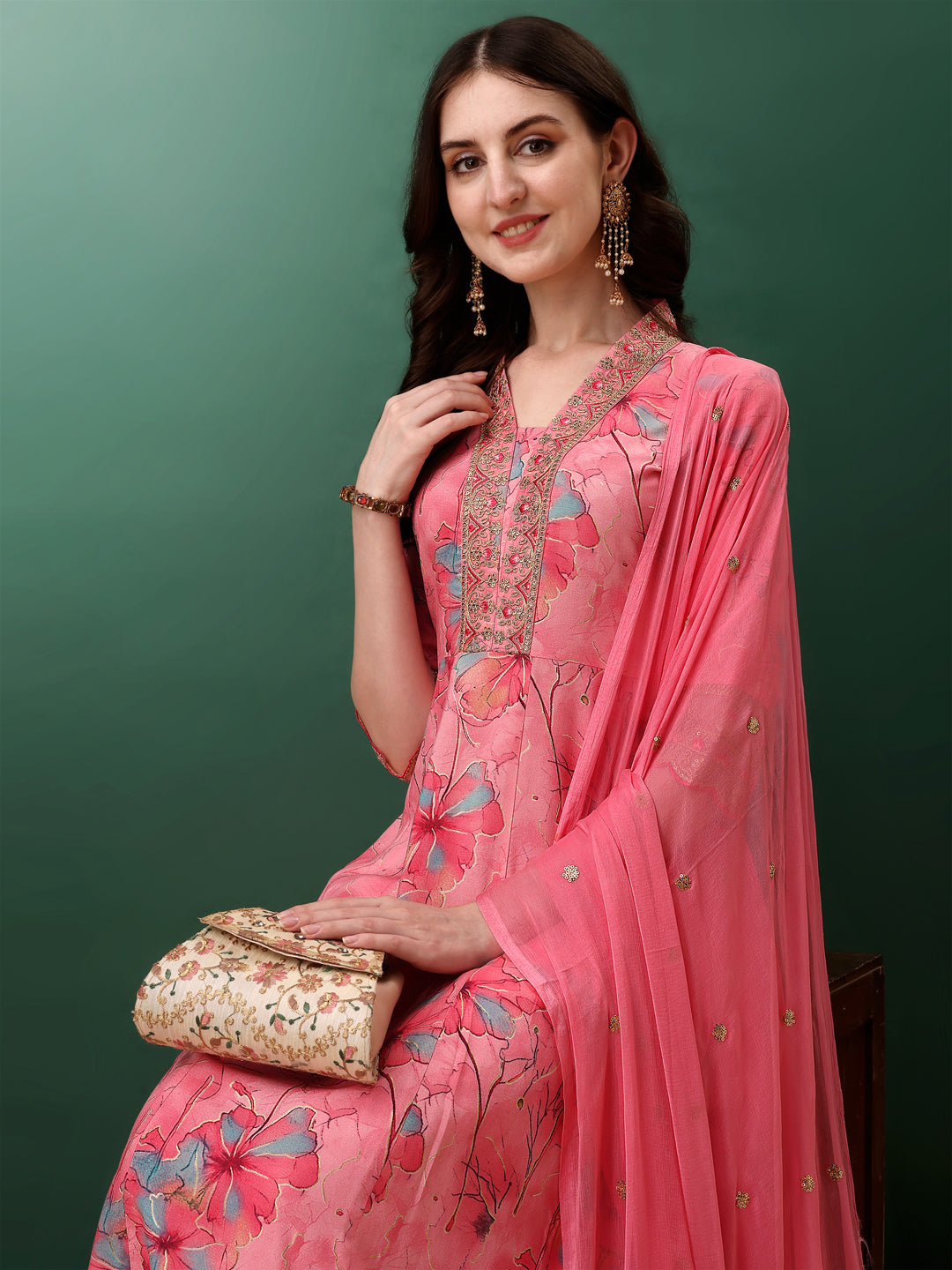 Embroidered & Floral Printed Flared Kurta With Pant & Dupatta, Pink - Hiral Fashion