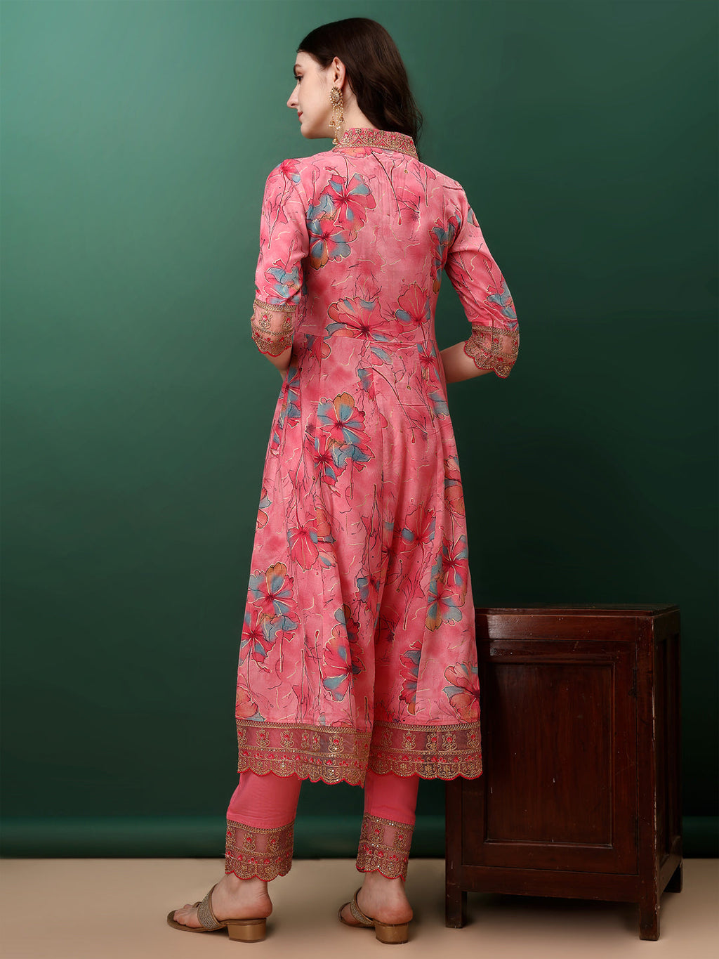 Embroidered & Floral Printed Flared Kurta With Pant & Dupatta, Pink - Hiral Fashion