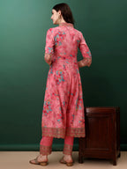 Embroidered & Floral Printed Flared Kurta With Pant & Dupatta, Pink - Hiral Fashion