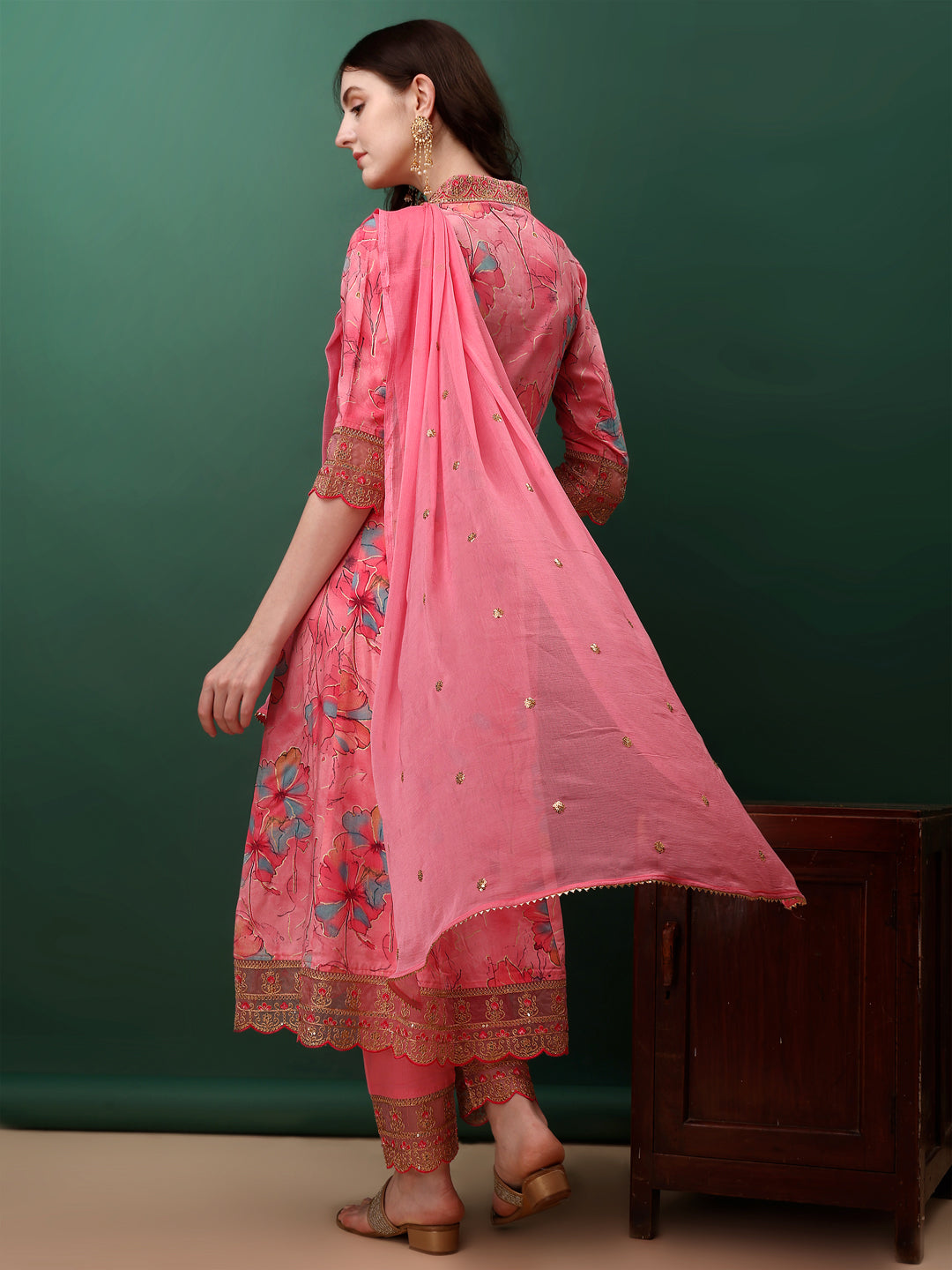 Embroidered & Floral Printed Flared Kurta With Pant & Dupatta, Pink - Hiral Fashion