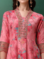 Embroidered & Floral Printed Flared Kurta With Pant & Dupatta, Pink - Hiral Fashion