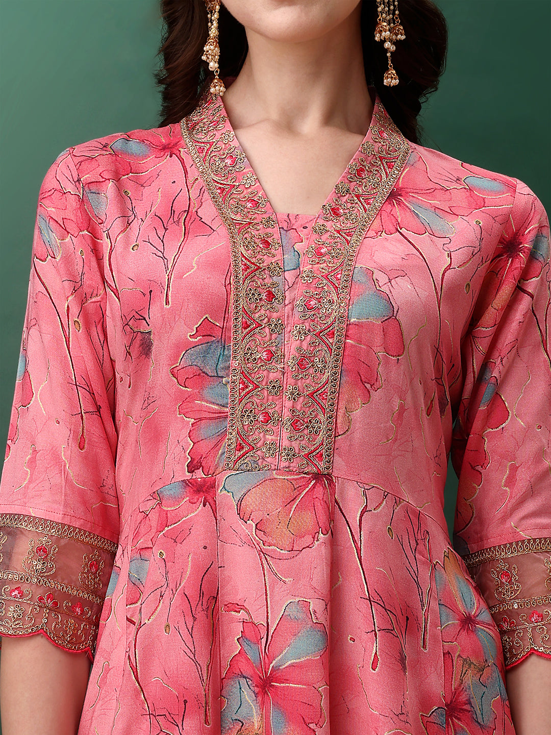 Embroidered & Floral Printed Flared Kurta With Pant & Dupatta, Pink - Hiral Fashion