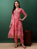 Embroidered & Floral Printed Flared Kurta With Pant & Dupatta, Pink - Hiral Fashion