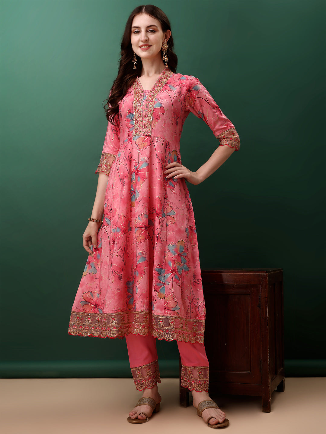 Embroidered & Floral Printed Flared Kurta With Pant & Dupatta, Pink - Hiral Fashion