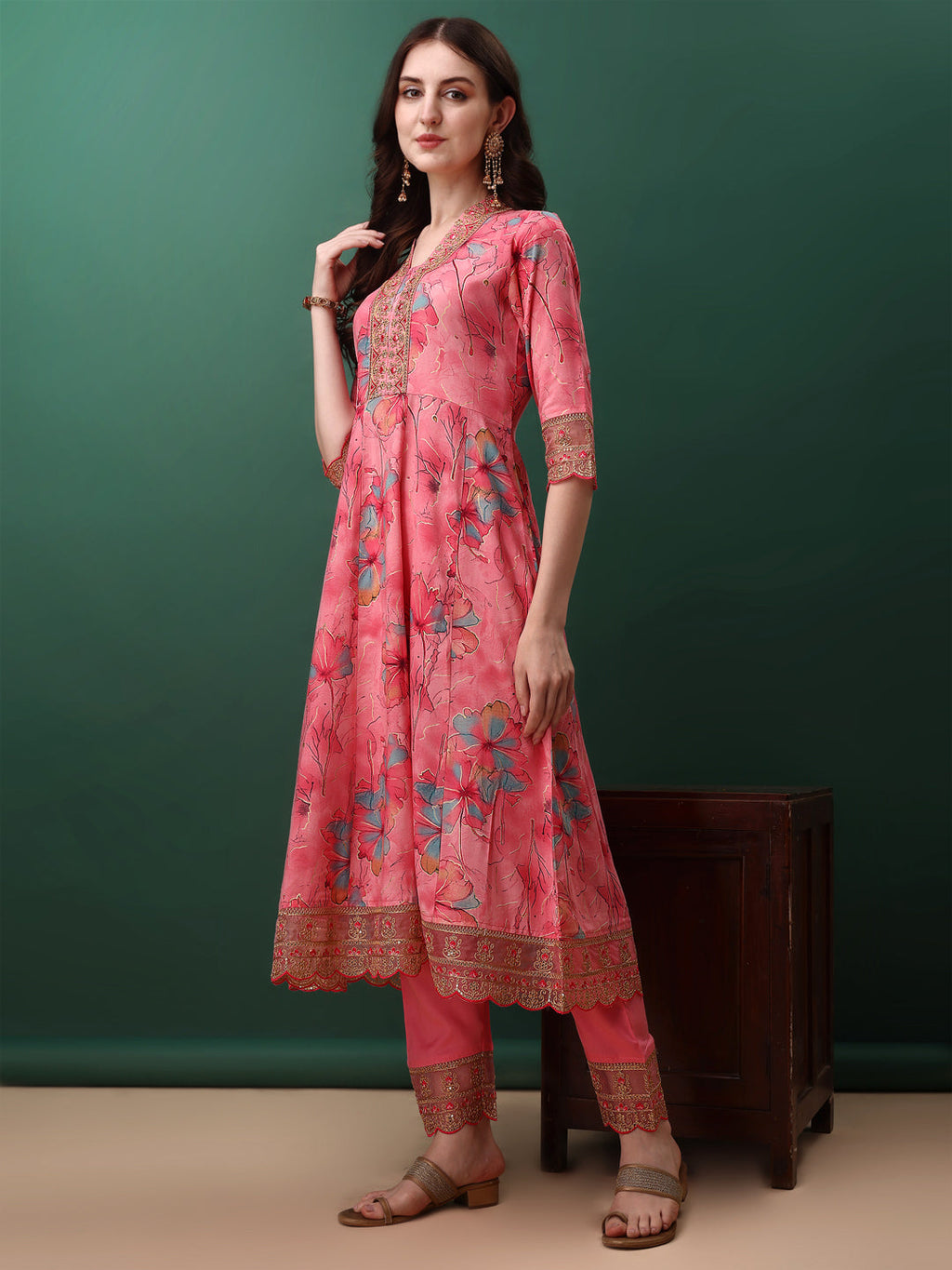 Embroidered & Floral Printed Flared Kurta With Pant & Dupatta, Pink - Hiral Fashion
