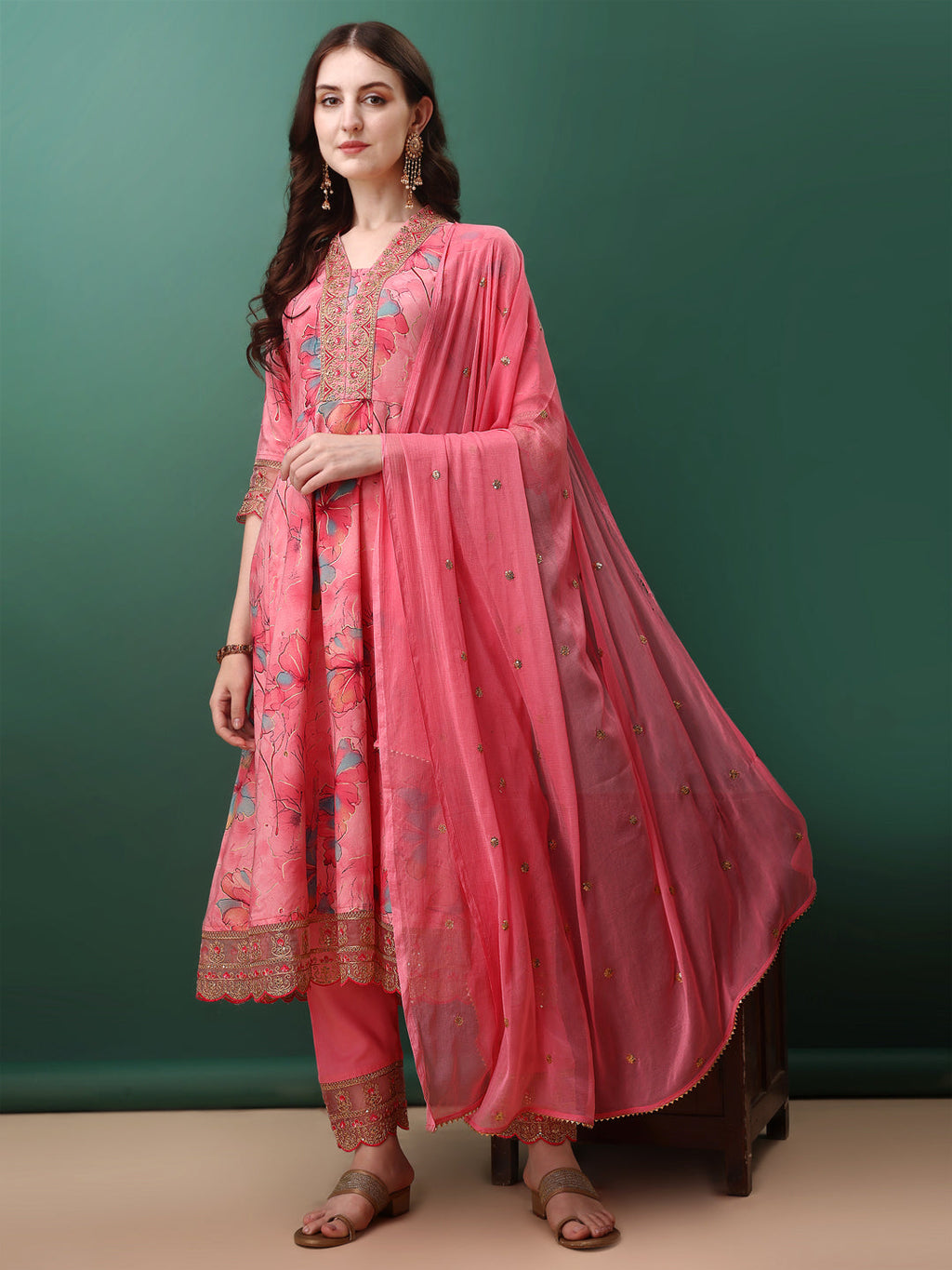 Embroidered & Floral Printed Flared Kurta With Pant & Dupatta, Pink - Hiral Fashion
