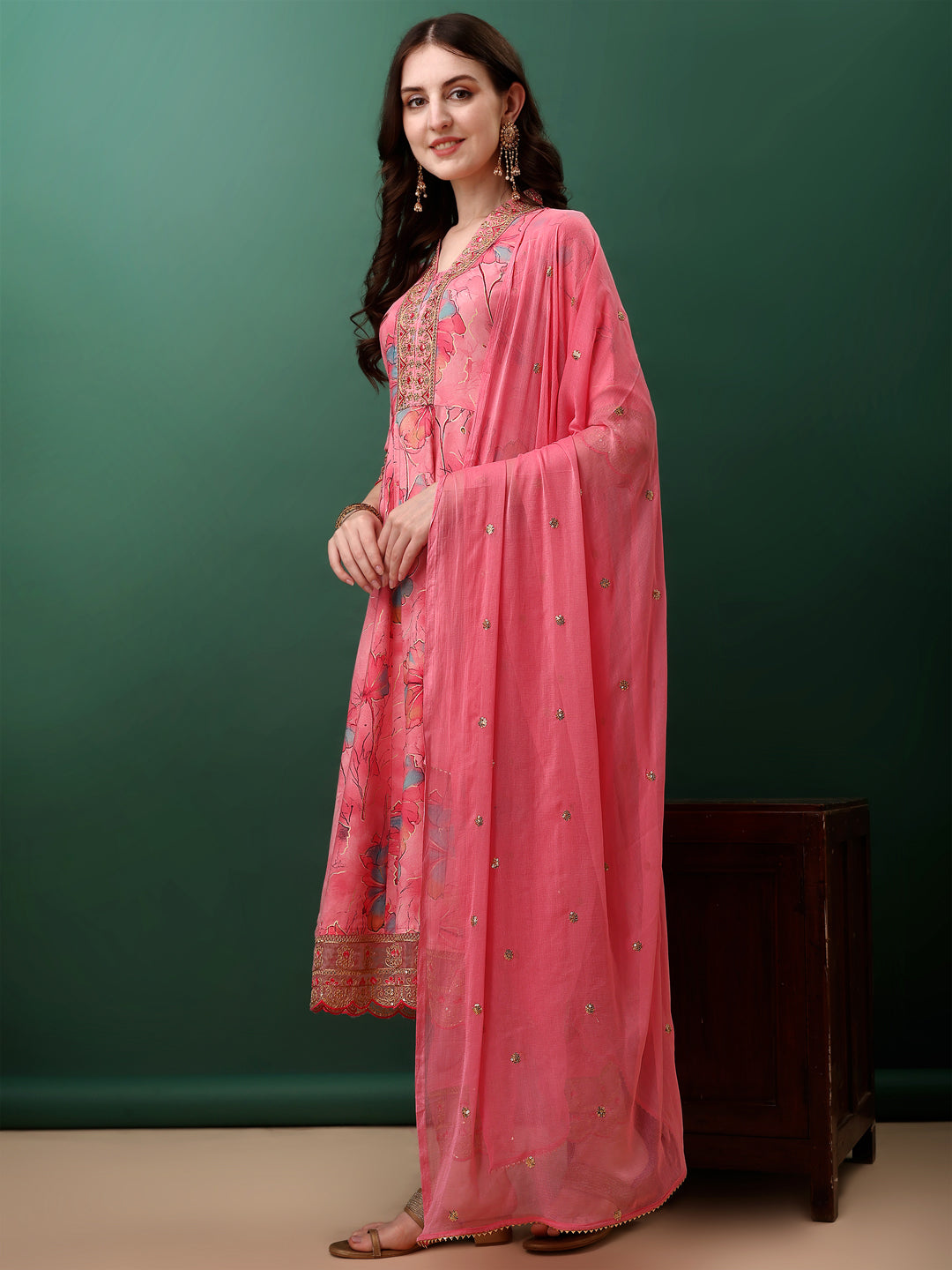 Embroidered & Floral Printed Flared Kurta With Pant & Dupatta, Pink - Hiral Fashion
