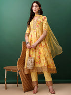 Embroidered & Floral Printed Flared Kurta With Pant & Dupatta, Yellow - Hiral Fashion - Distacart