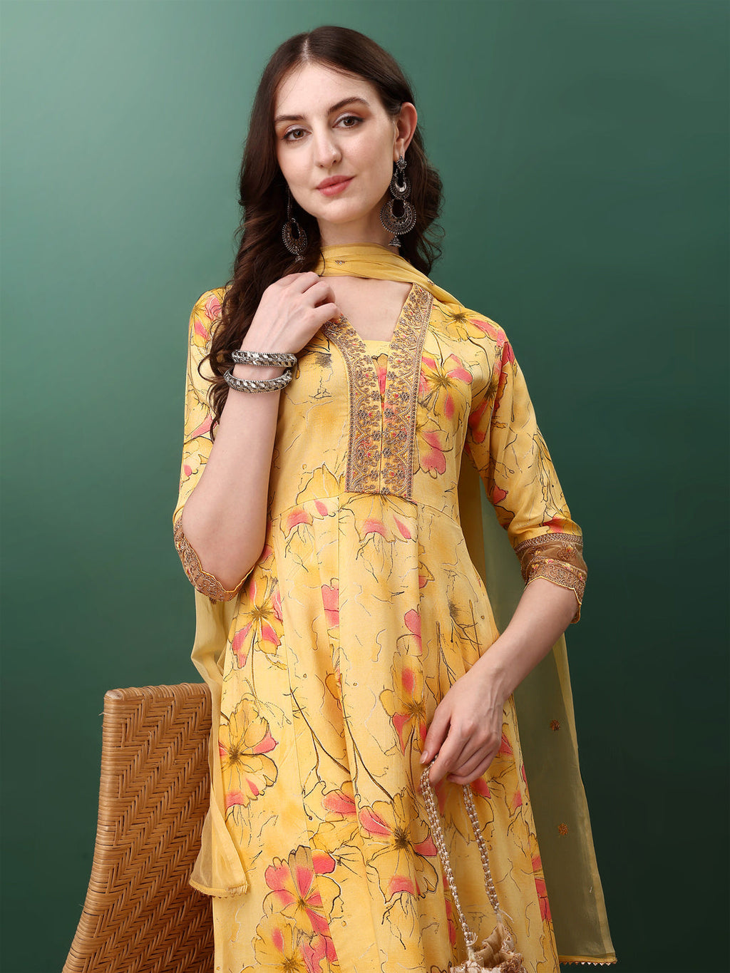 Embroidered & Floral Printed Flared Kurta With Pant & Dupatta, Yellow - Hiral Fashion - Distacart