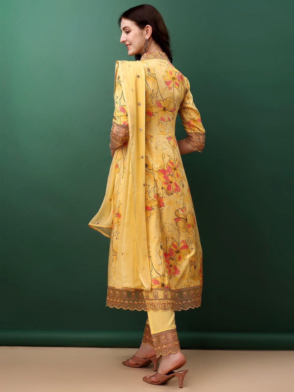 Embroidered & Floral Printed Flared Kurta With Pant & Dupatta, Yellow - Hiral Fashion - Distacart