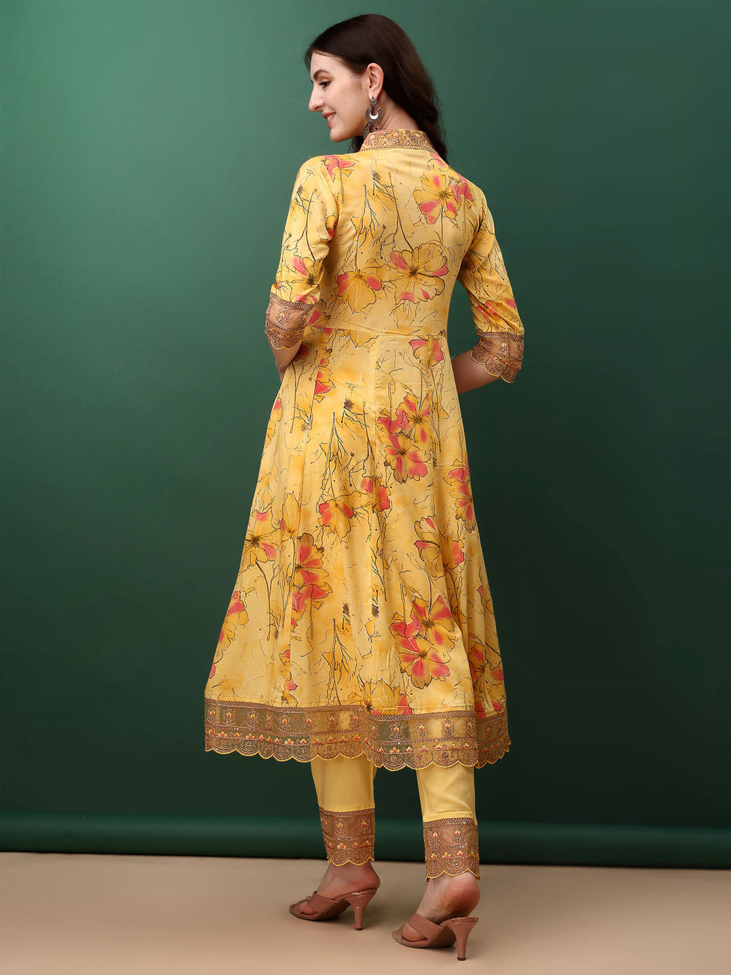 Embroidered & Floral Printed Flared Kurta With Pant & Dupatta, Yellow - Hiral Fashion - Distacart