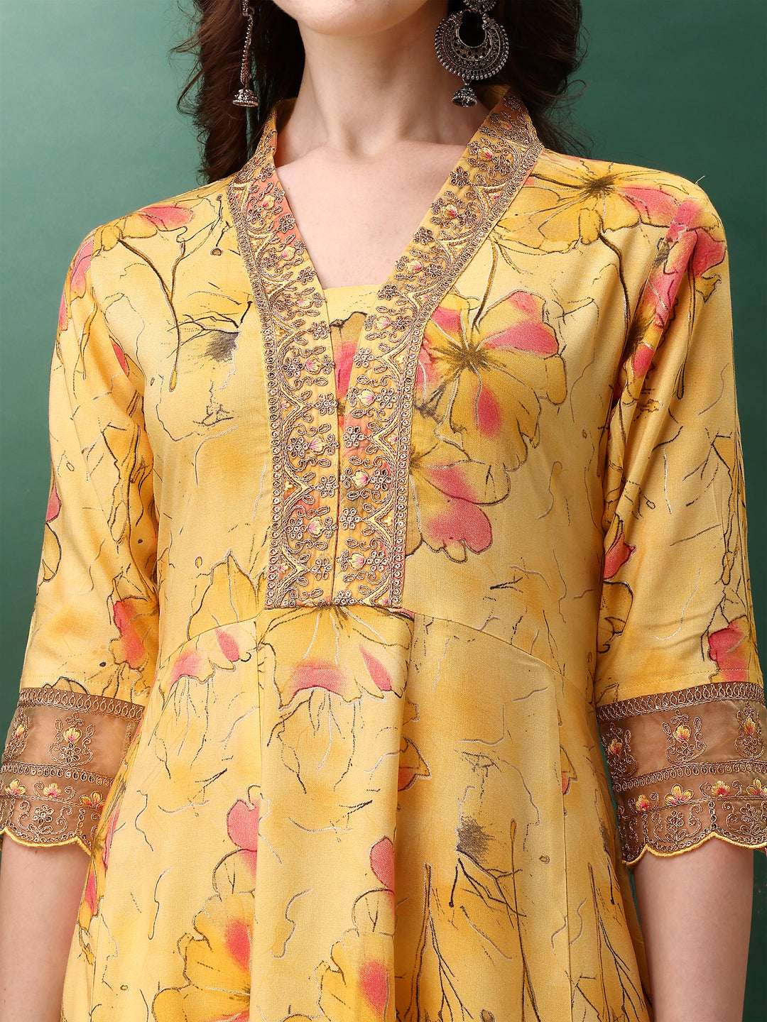 Embroidered & Floral Printed Flared Kurta With Pant & Dupatta, Yellow - Hiral Fashion - Distacart