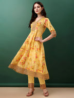 Embroidered & Floral Printed Flared Kurta With Pant & Dupatta, Yellow - Hiral Fashion - Distacart