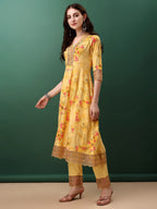 Embroidered & Floral Printed Flared Kurta With Pant & Dupatta, Yellow - Hiral Fashion - Distacart