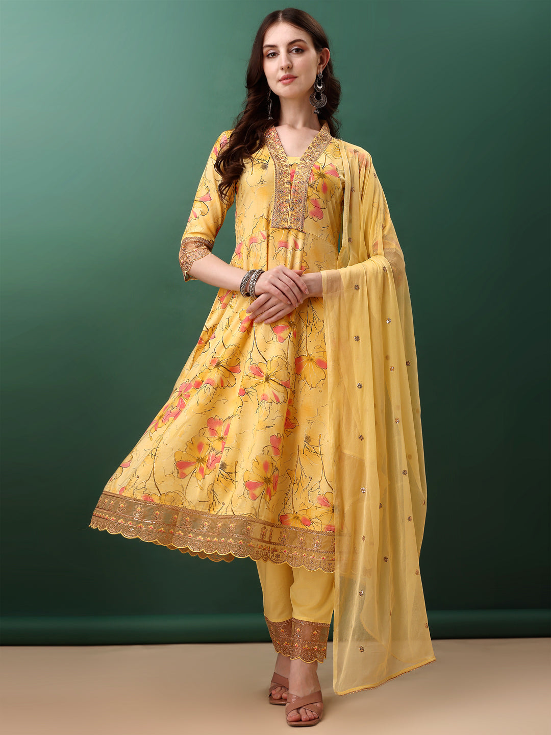 Embroidered & Floral Printed Flared Kurta With Pant & Dupatta, Yellow - Hiral Fashion - Distacart
