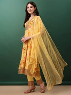 Embroidered & Floral Printed Flared Kurta With Pant & Dupatta, Yellow - Hiral Fashion - Distacart