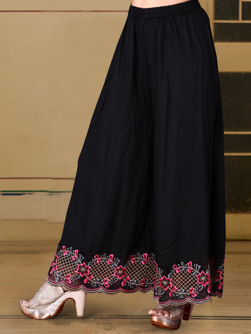Pakistani Flared Embroidered Kurta With Embroidered Pallazo With Embroidered Dupatta, Black - Hiral Fashion