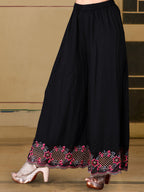 Pakistani Flared Embroidered Kurta With Embroidered Pallazo With Embroidered Dupatta, Black - Hiral Fashion