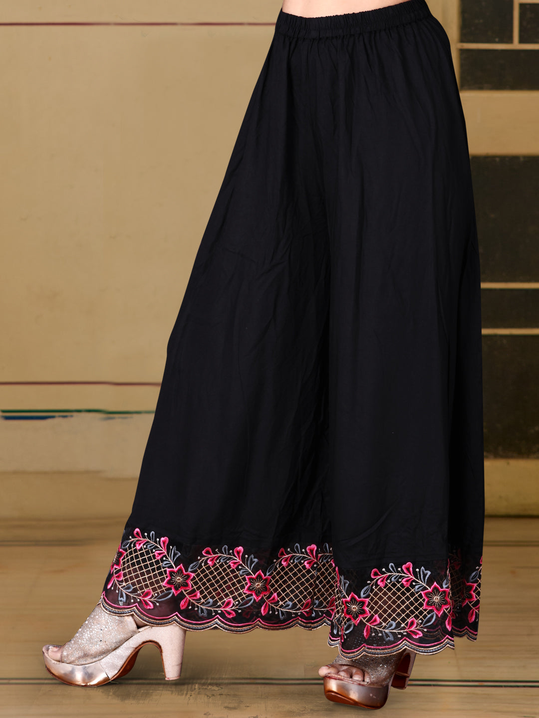 Pakistani Flared Embroidered Kurta With Embroidered Pallazo With Embroidered Dupatta, Black - Hiral Fashion