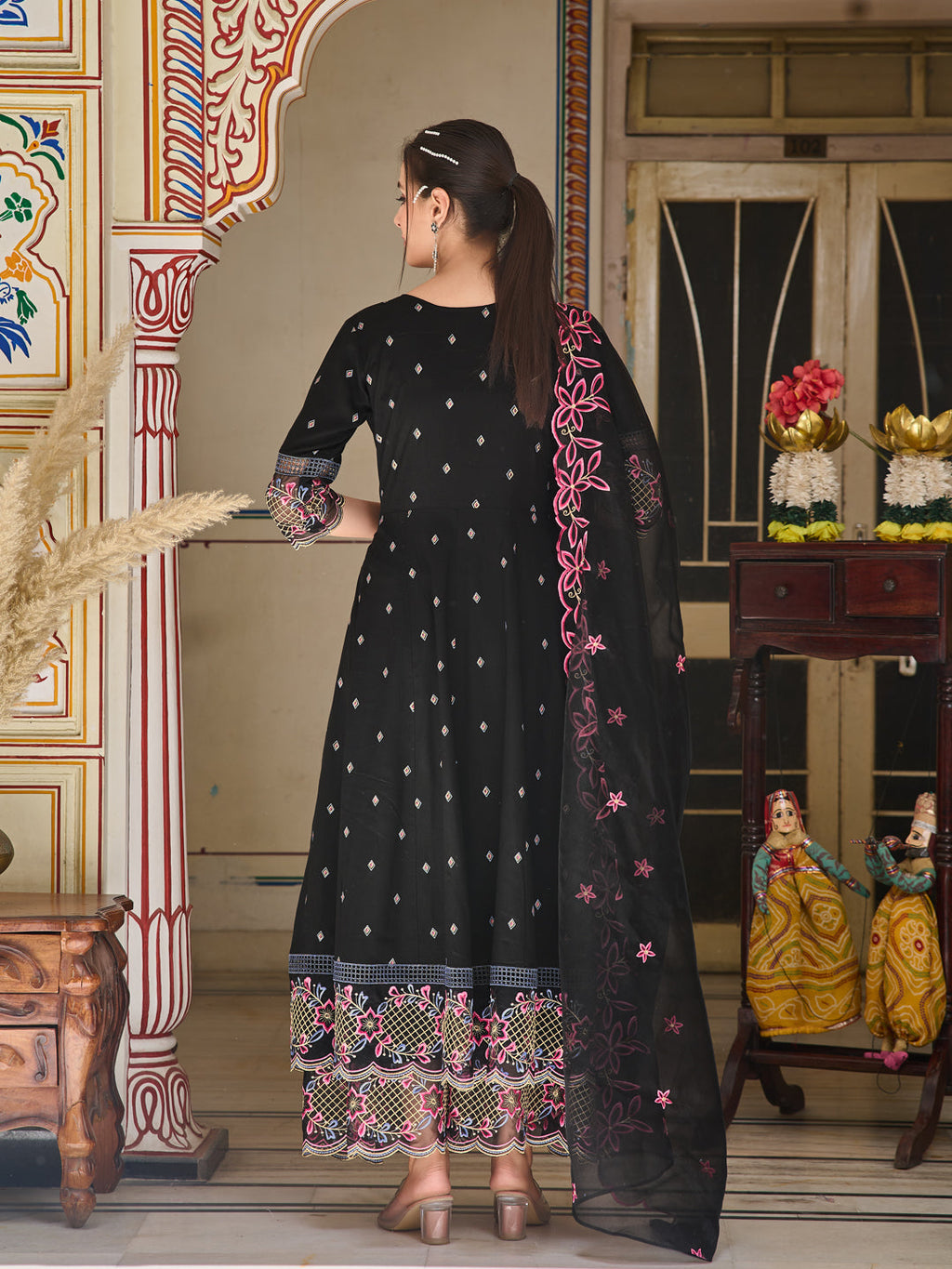 Pakistani Flared Embroidered Kurta With Embroidered Pallazo With Embroidered Dupatta, Black - Hiral Fashion