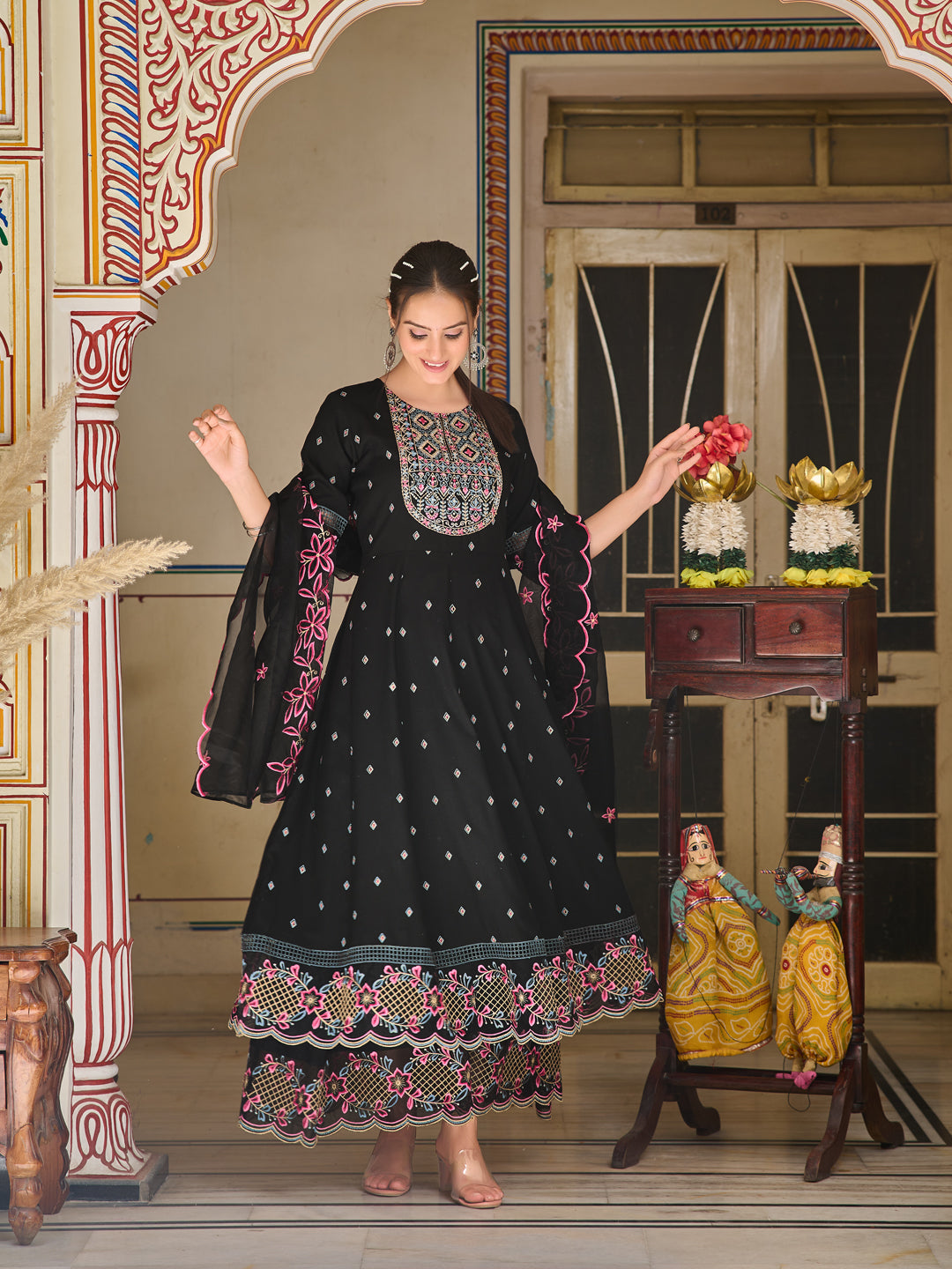 Pakistani Flared Embroidered Kurta With Embroidered Pallazo With Embroidered Dupatta, Black - Hiral Fashion