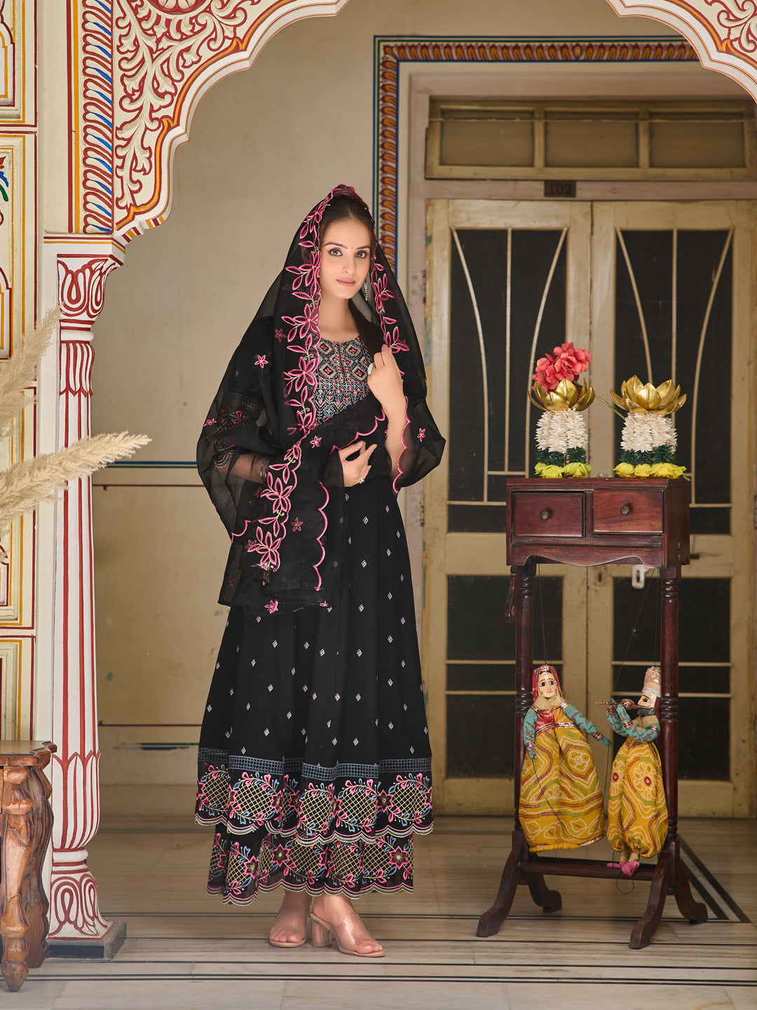 Pakistani Flared Embroidered Kurta With Embroidered Pallazo With Embroidered Dupatta, Black - Hiral Fashion
