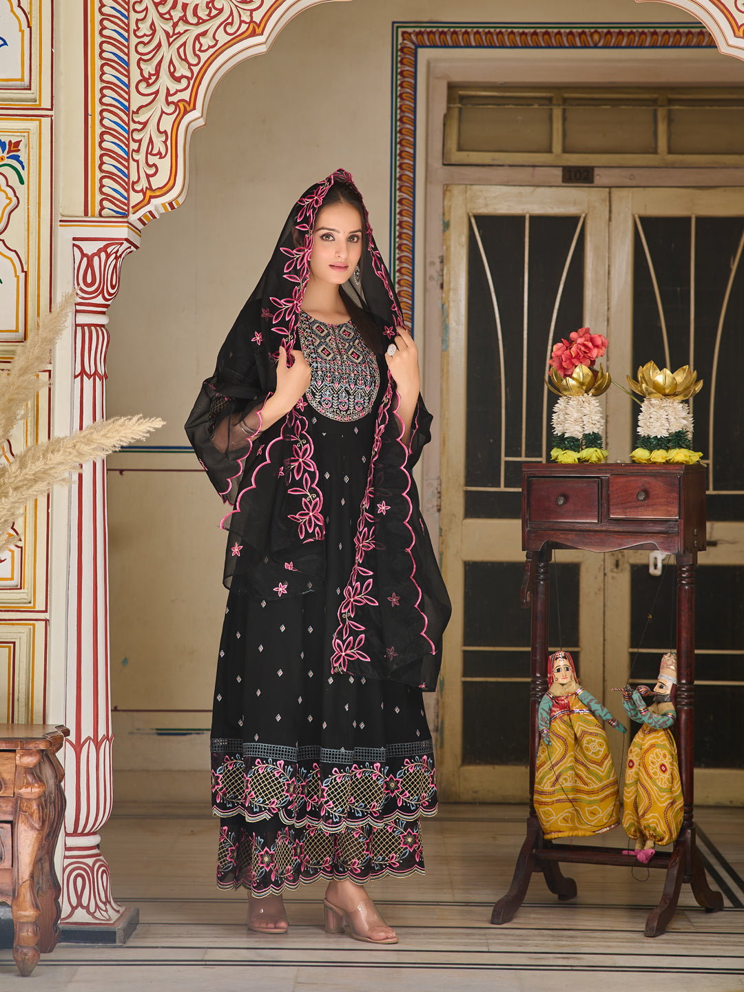 Pakistani Flared Embroidered Kurta With Embroidered Pallazo With Embroidered Dupatta, Black - Hiral Fashion